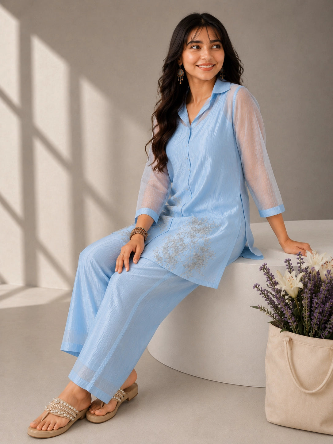 Sky Blue Embroidered Co-Ord Set with Straight Kurta & Wide-Leg Pants