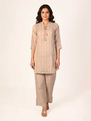 grey embroidered co-ord set for women with striped kurta style top and straight pants casual ethnic wear