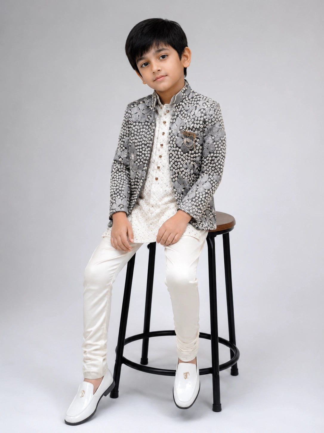 Boys Pista Printed Indo-Western Jacket Set with Cream Kurta & Pajama