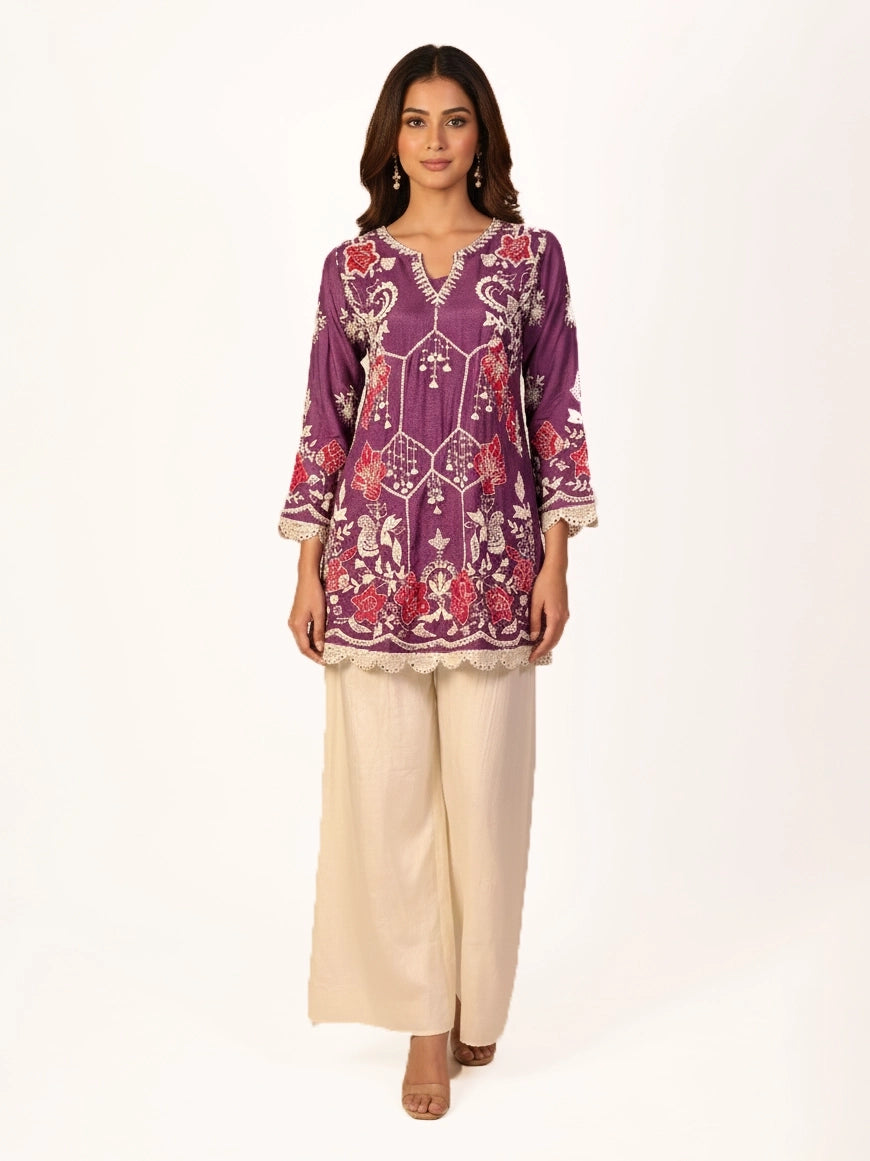wine purple printed co-ord set for women with floral ethnic design top and wide leg pants casual wear