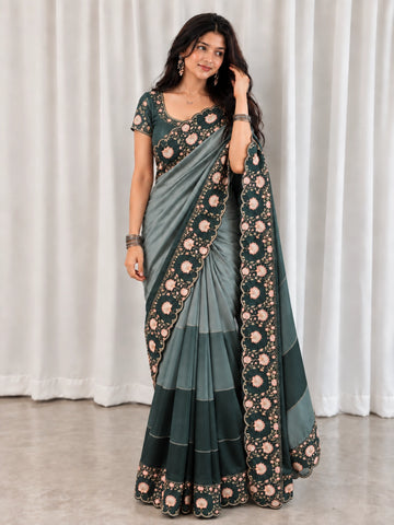 Elegant Green Embroidered Saree  with Floral Border