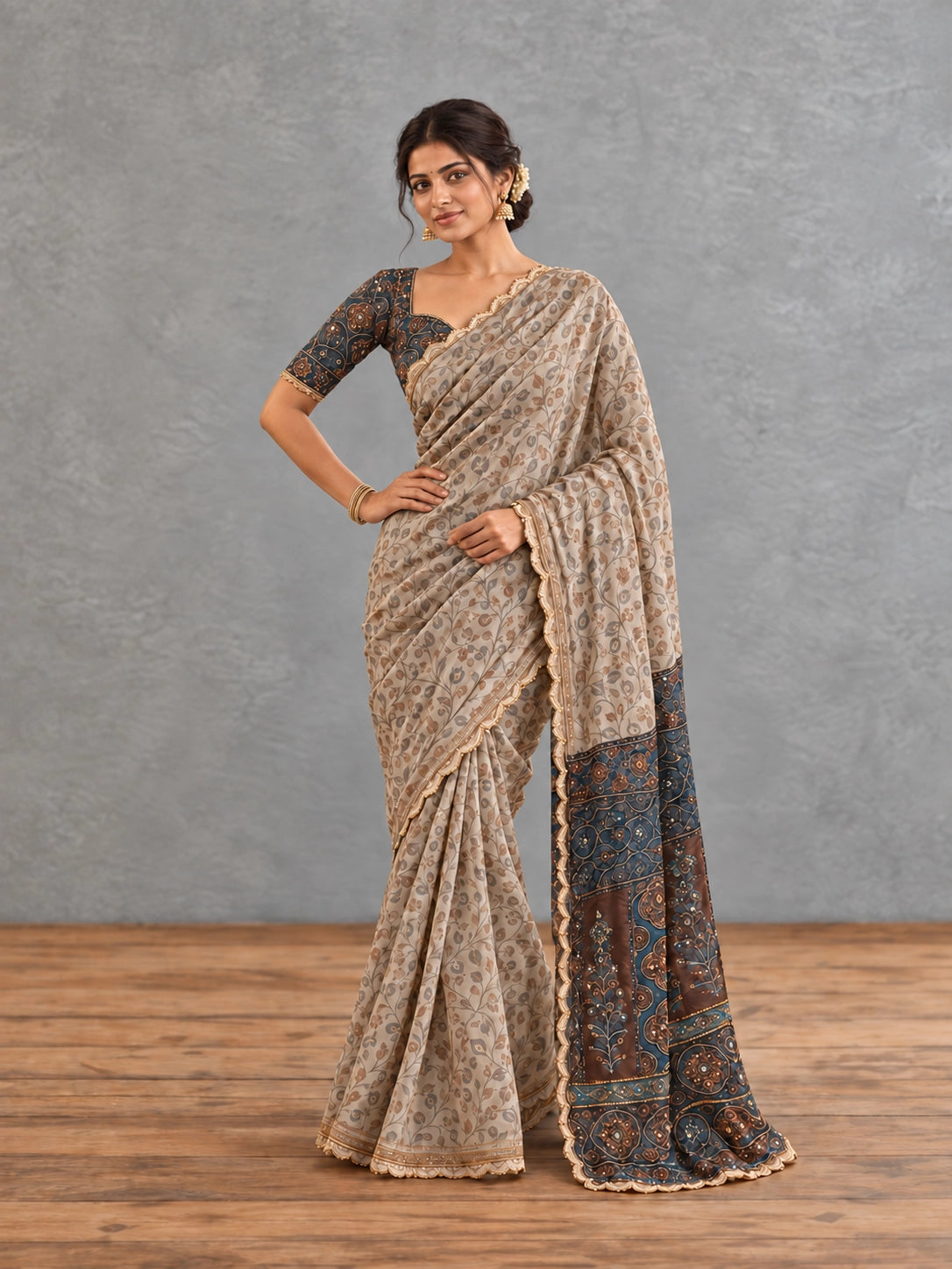 Grey Floral Printed Saree with Navy Blue Designer Border