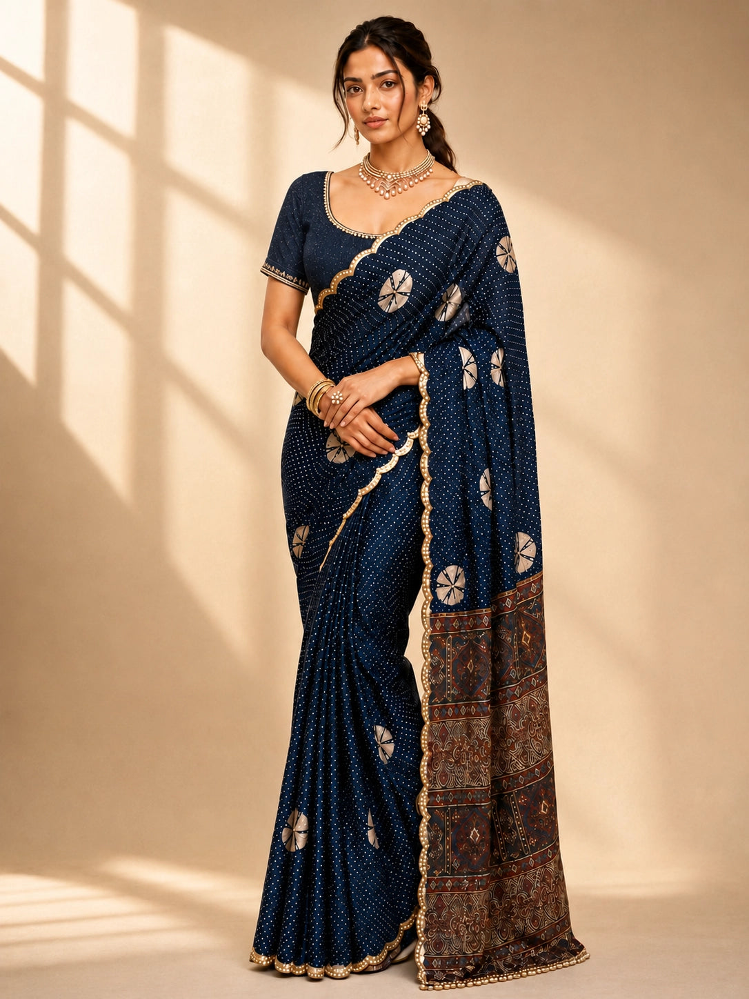 Elegant Blue  Bandhani Saree with Scalloped Border