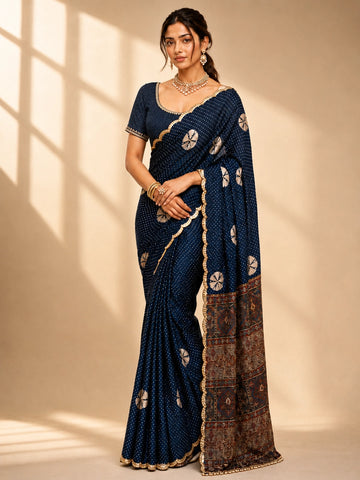 Elegant Blue  Bandhani Saree with Scalloped Border