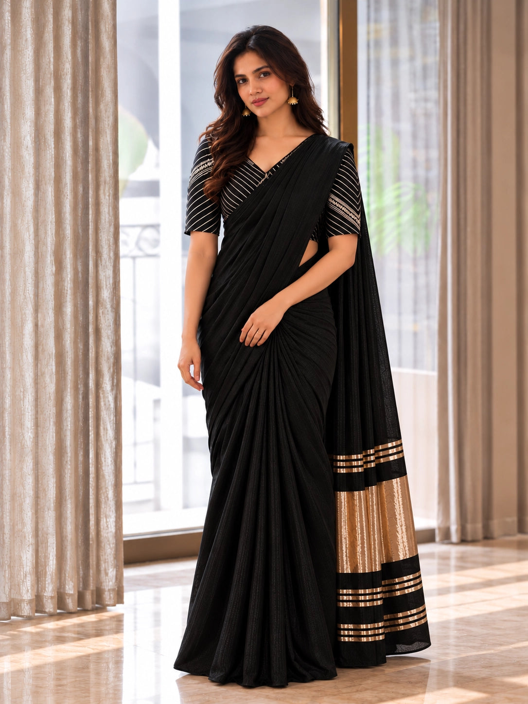 Designer Saree with Embroidered Border & Matching Blouse