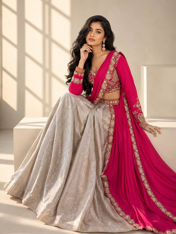 Rani Pink Embroidered Lehenga Set with Champagne Gold Skirt & Dupatta