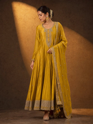 Elegant Mustard Yellow Embroidered Anarkali Suit Set