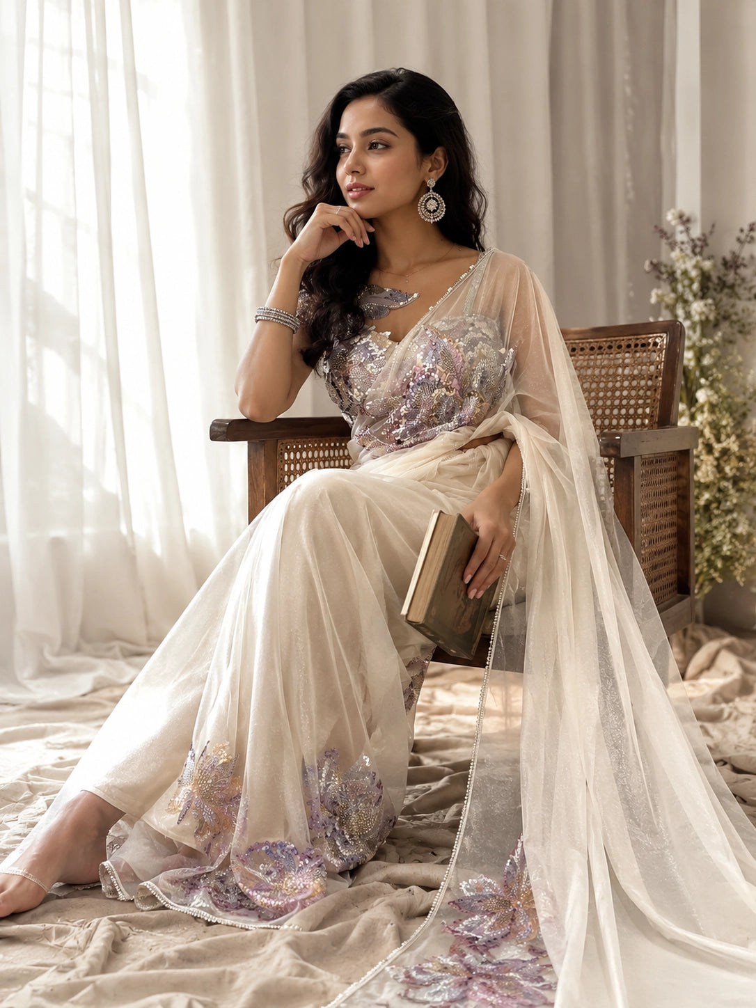 Cream Embroidered Designer Saree for Wedding & Party Wear