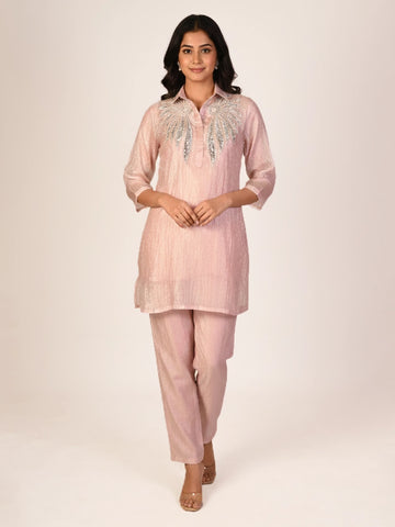 cream embellished co-ord set for women with kurta style top and straight pants elegant ethnic wear