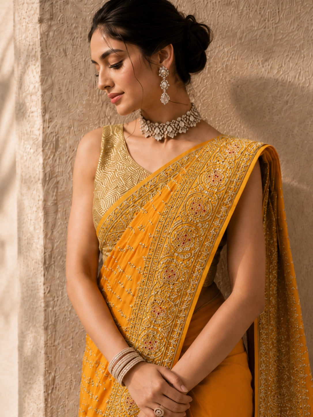 Mustard Yellow Hand Embroidered Designer Saree