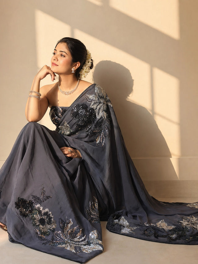 Grey Embroidered Designer Saree for Wedding & Party Wear