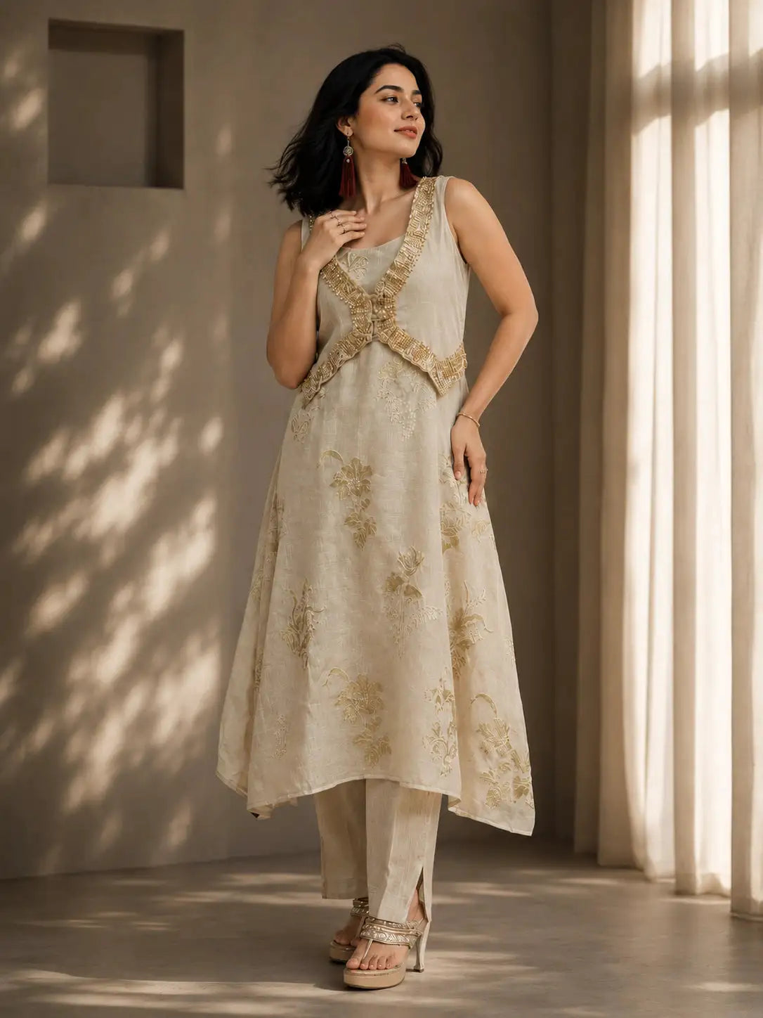 Beige Embroidered A-Line Kurta Set with Straight Pants