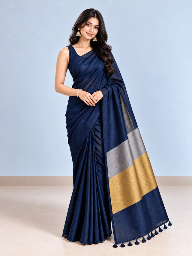 Elegant Woven Saree with Gold & Silver Border | Designer Saree for Women