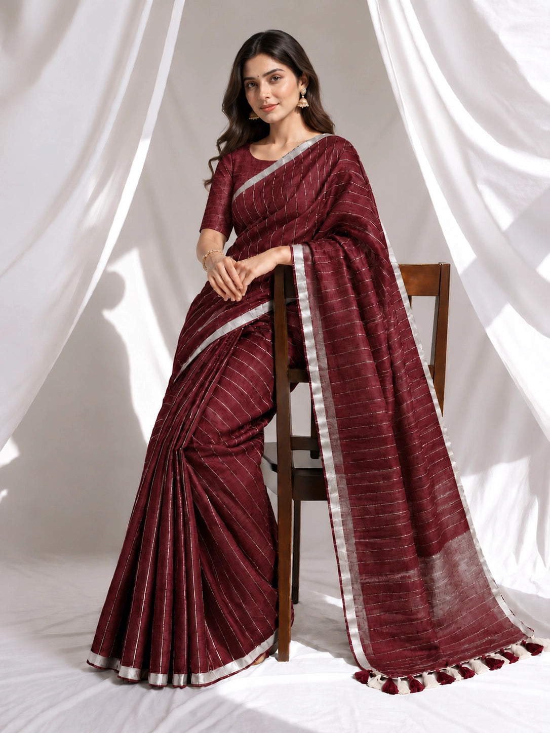 Striped Woven Saree with Metallic Border & Tassel Pallu | Elegant Ethnic Saree