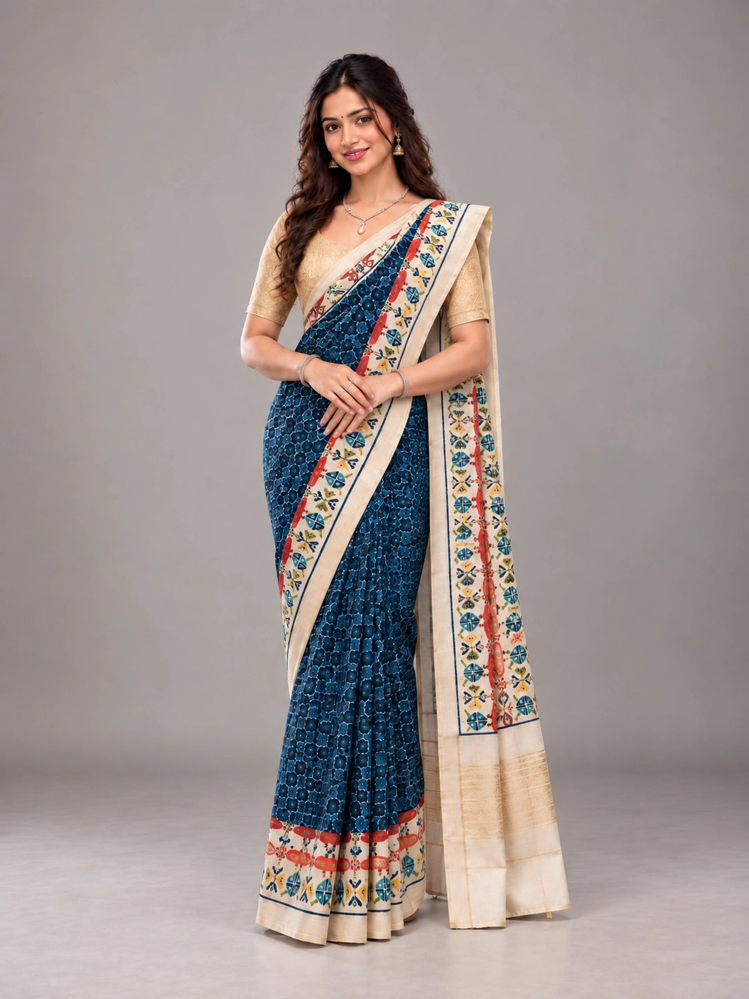 Elegant Navy Blue  Ikat Saree with Golden Blouse