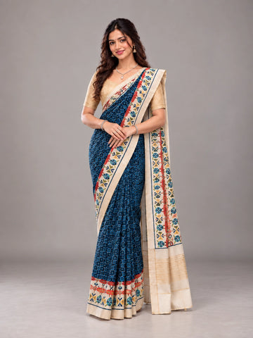 Elegant Navy Blue  Ikat Saree with Golden Blouse