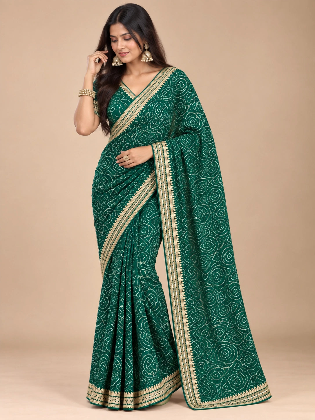 Emerald Green Printed Saree with Elegant Zari Border