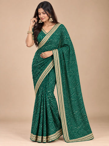 Emerald Green Printed Saree with Elegant Zari Border