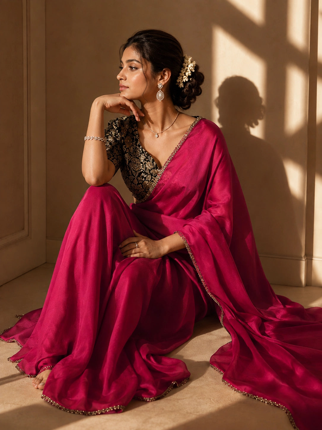 Elegant Red Saree with Black Brocade Blouse