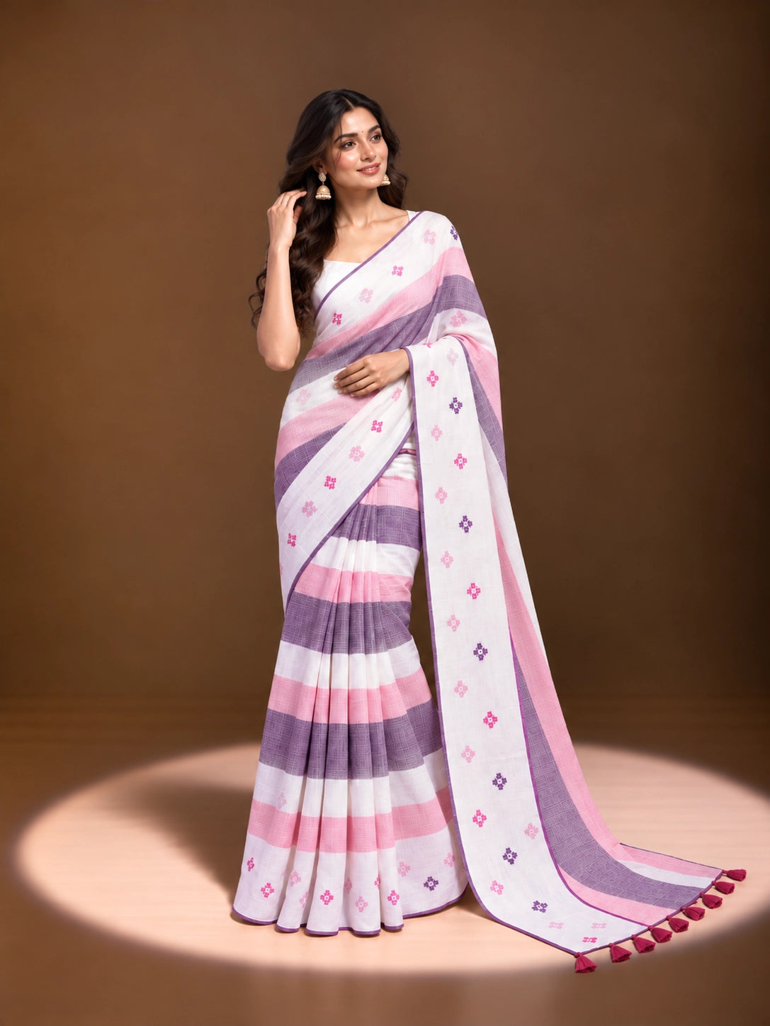 Designer Striped Cotton Saree with Floral Motifs & Contrast Border