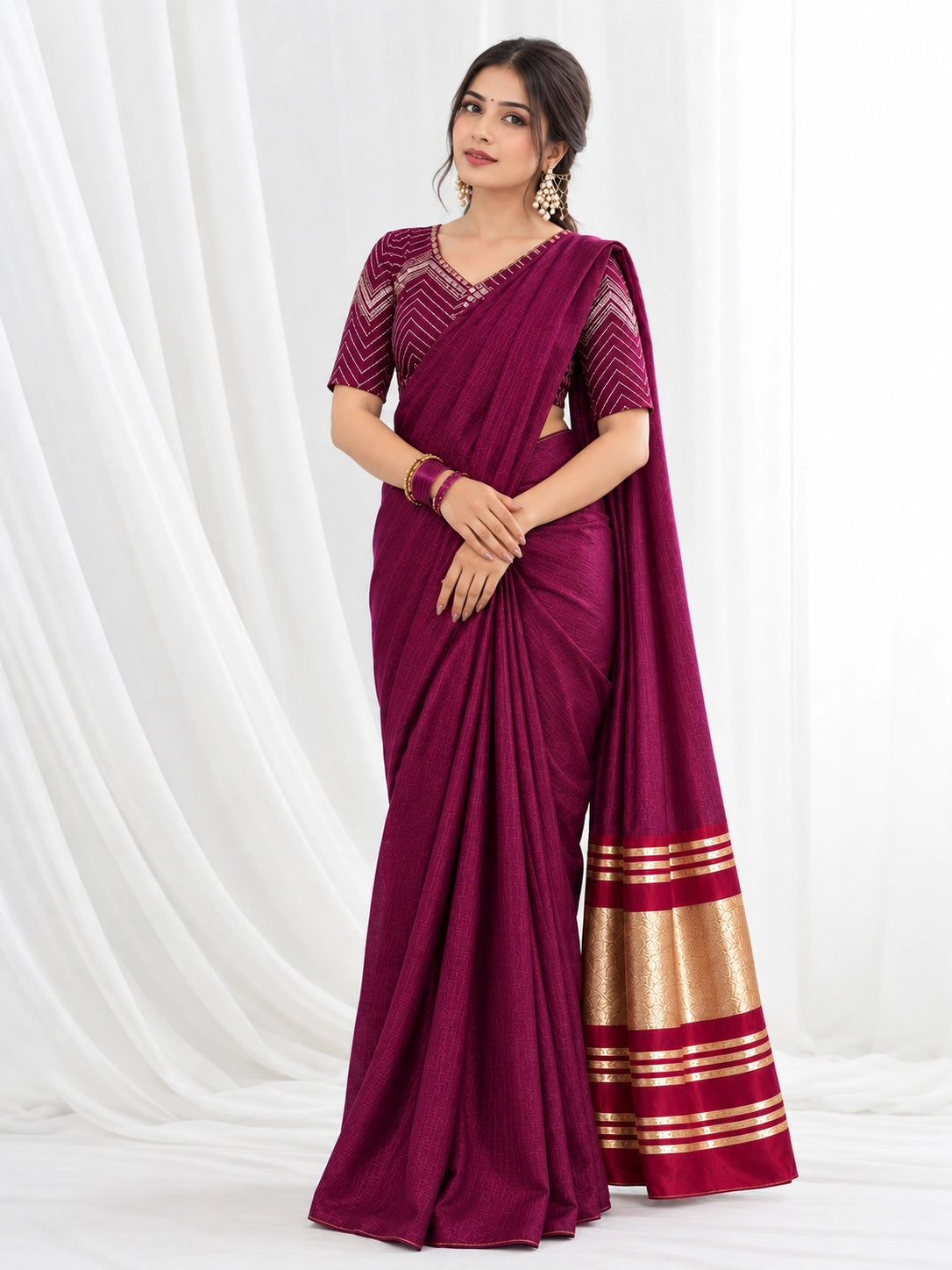 Designer Saree with Embroidered Border & Matching Blouse