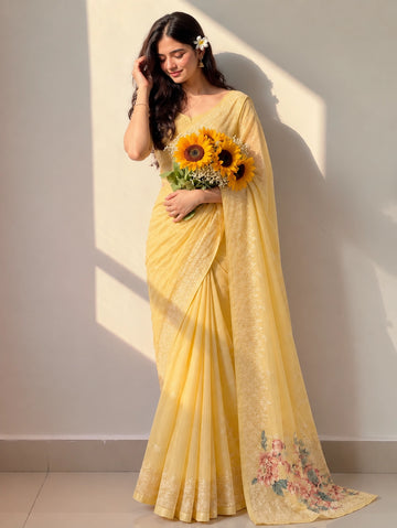 Elegant Yellow Floral Embroidered Saree