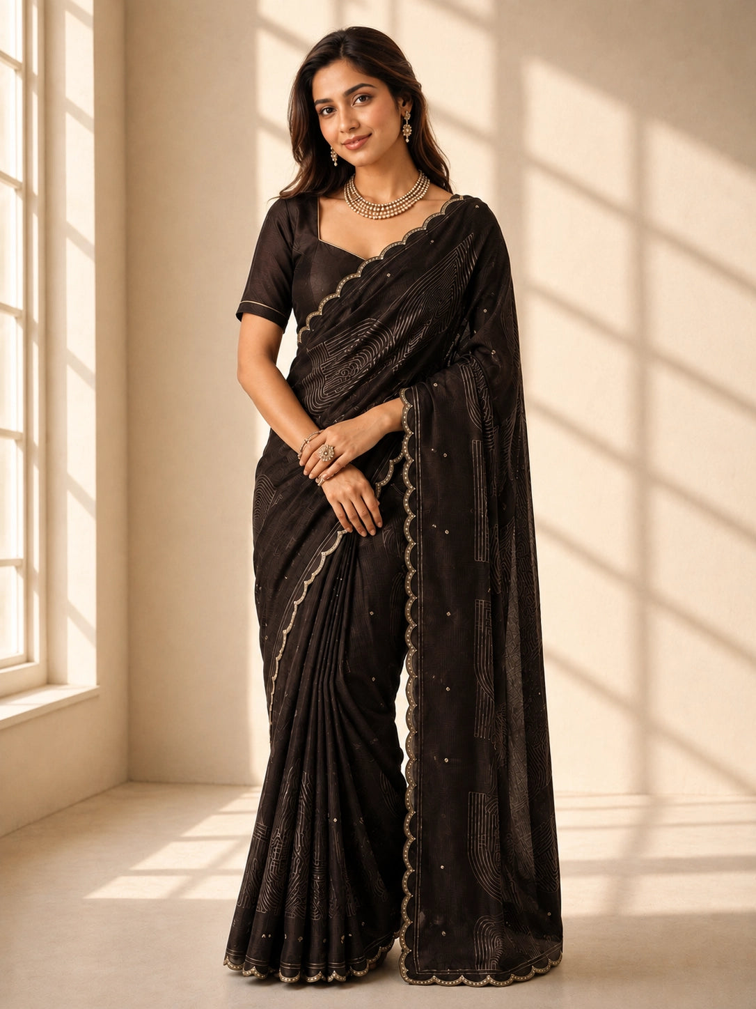 Elegant Brown Saree  with Scalloped Border and Geometric Print