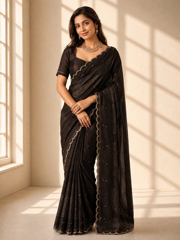 Elegant Brown Saree  with Scalloped Border and Geometric Print