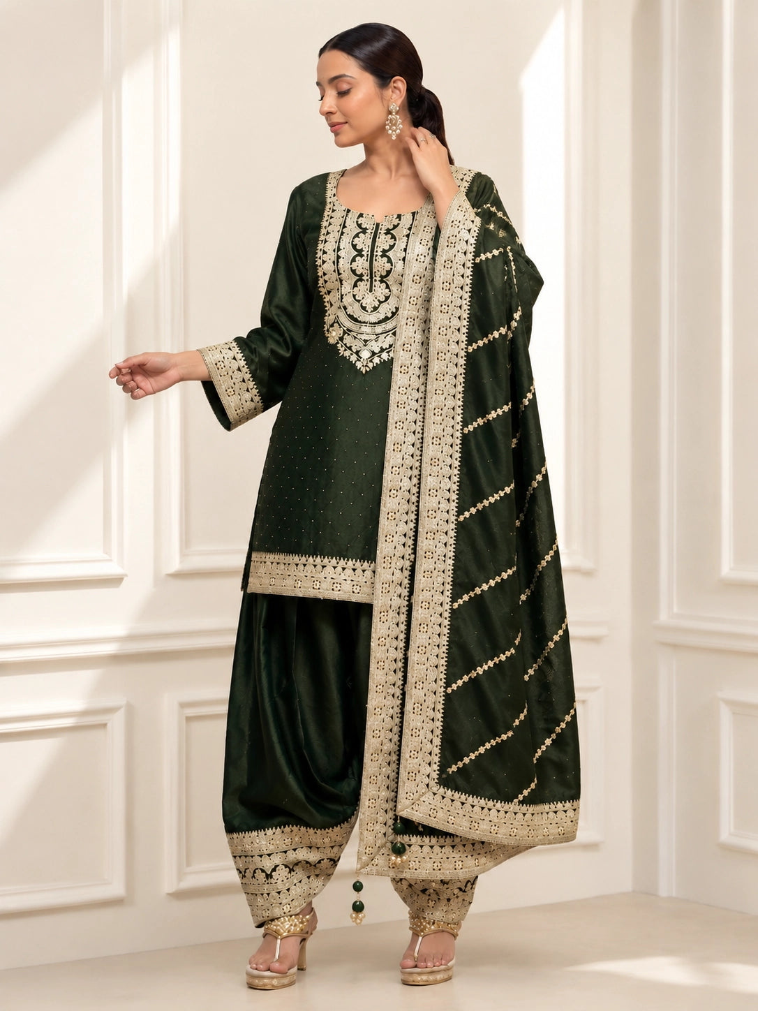 Mehendi Embroidered Kurti Set with Dupatta & Patiala Pants