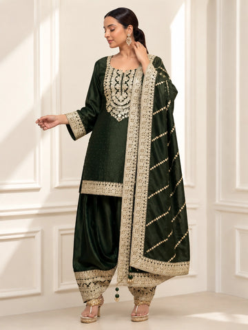 Mehendi Embroidered Kurti Set with Dupatta & Patiala Pants
