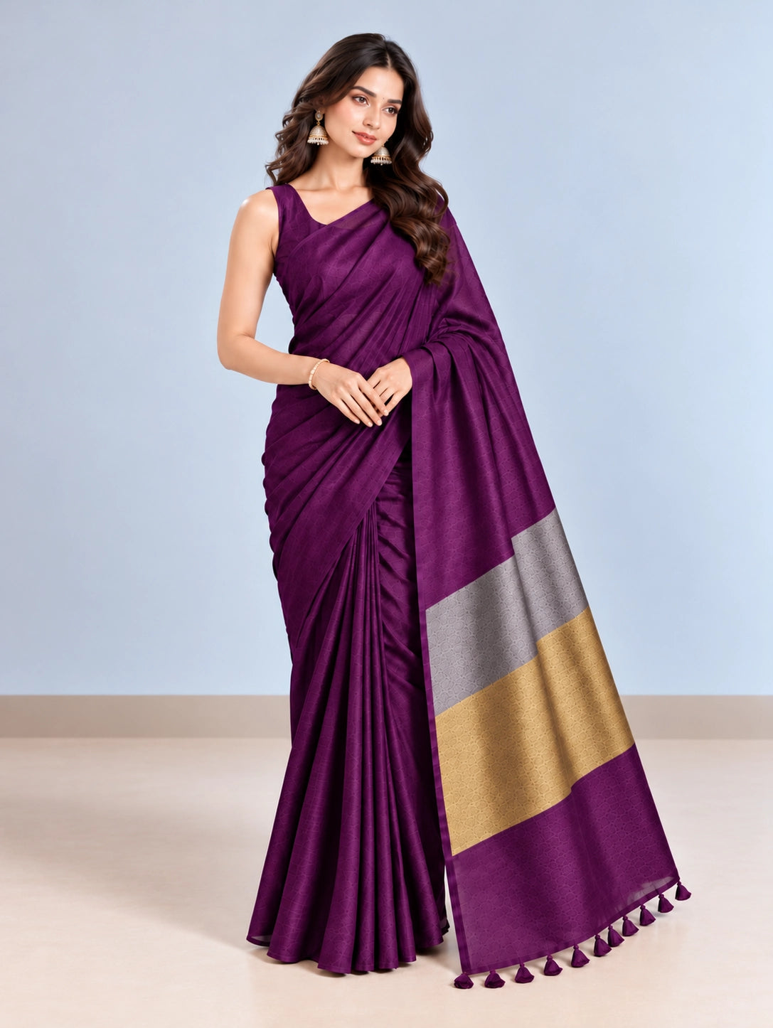 Elegant Woven Saree with Gold & Silver Border | Designer Saree for Women