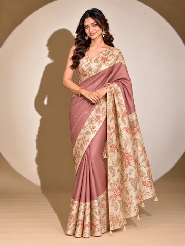 Pink Floral Printed Saree with Contrast Floral Border & Pallu