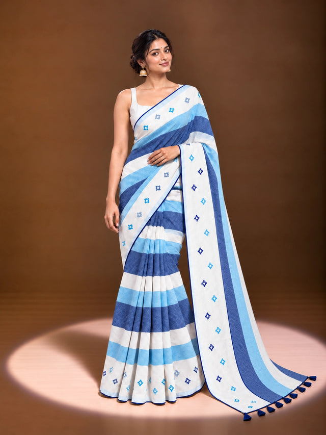 Designer Striped Cotton Saree with Floral Motifs & Contrast Border