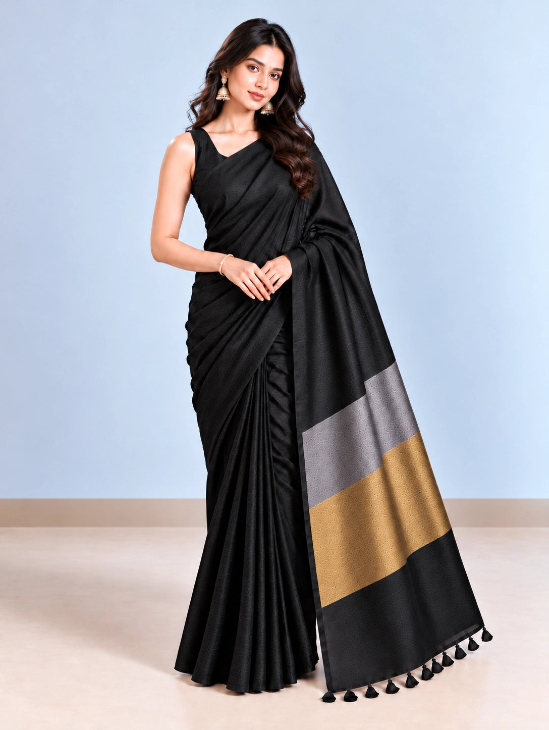 Elegant Woven Saree with Gold & Silver Border | Designer Saree for Women