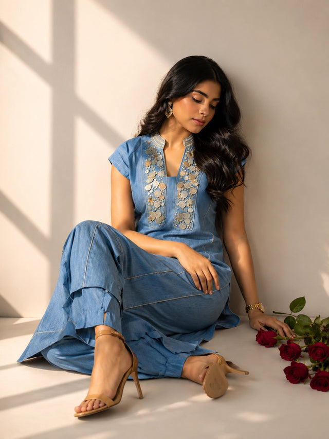 Sky Blue Embroidered Cotton Kurta Set for Women | Straight Kurta with Pants