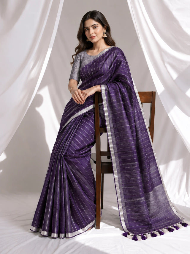 Striped Woven Saree with Metallic Border & Tassel Pallu | Elegant Ethnic Saree