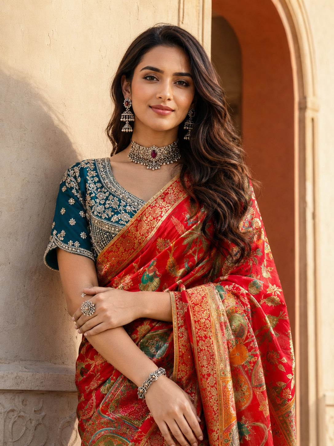 Red Floral Woven Silk Saree with Teal Embroidered Blouse