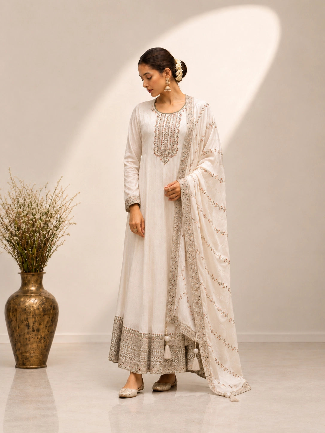 Elegant Ivory Embroidered Anarkali Suit Set