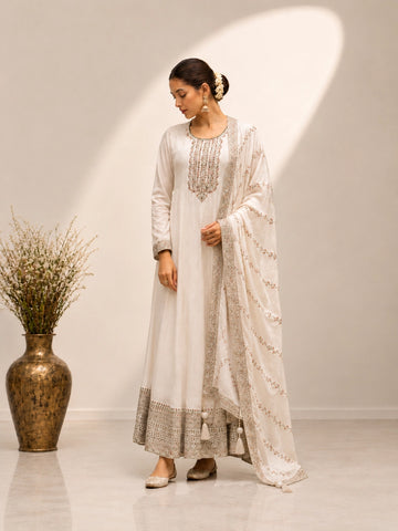 Elegant Ivory Embroidered Anarkali Suit Set