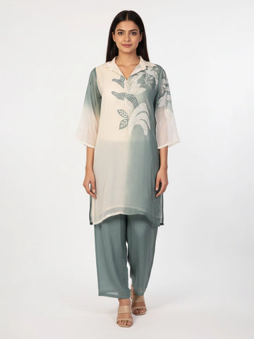 grey printed co-ord set for women with abstract leaf design top and straight pants casual ethnic wear