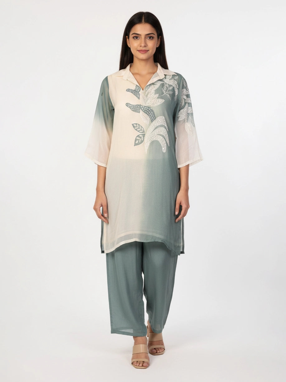 grey printed co-ord set for women with abstract leaf design top and straight pants casual ethnic wear