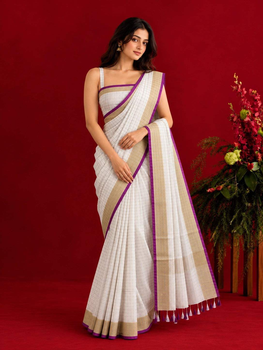 Elegant Checkered Woven Saree with Contrast Border & Tassel Detailing