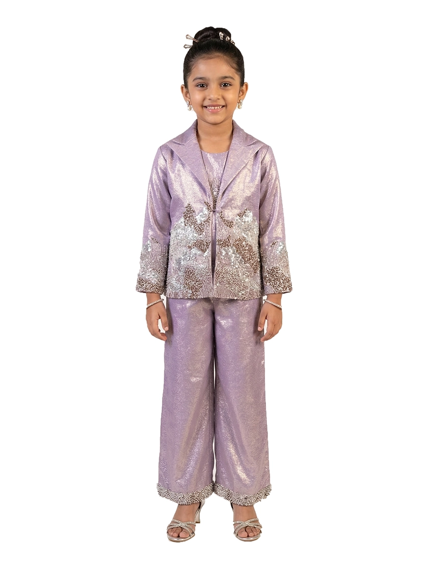 purple embellished co ord set for girls with jacket and pants metallic tissue silk party wear kids outfit