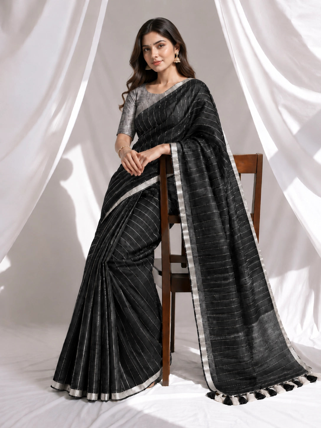 Striped Woven Saree with Metallic Border & Tassel Pallu | Elegant Ethnic Saree