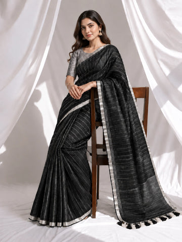 Striped Woven Saree with Metallic Border & Tassel Pallu | Elegant Ethnic Saree