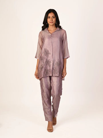 purple printed co-ord set for women with shirt style top and straight pants casual ethnic wear