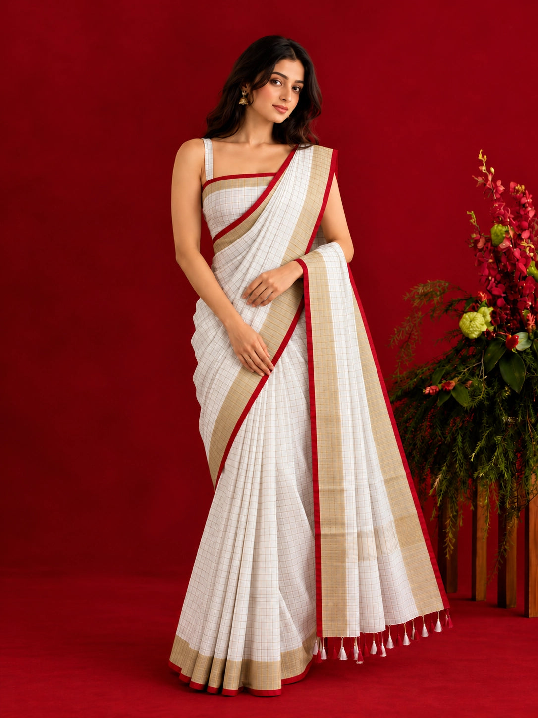 Elegant Checkered Woven Saree with Contrast Border & Tassel Detailing