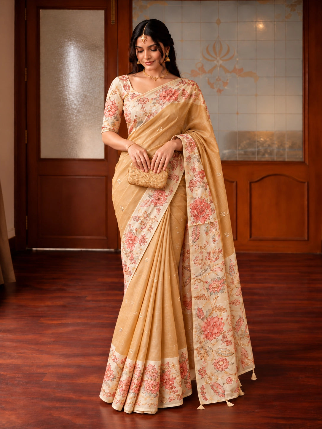 Gold Floral Printed Saree with Pink Floral Border & Pallu