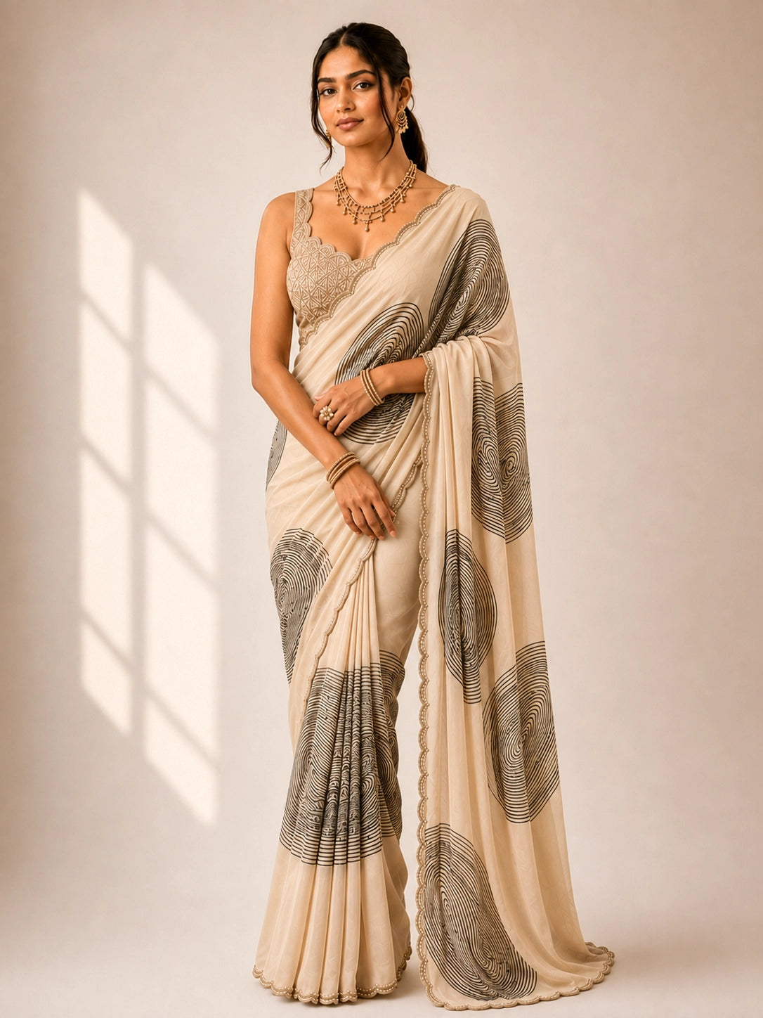 Elegant Cream  Saree with Abstract Wave Print and Embellished Blouse