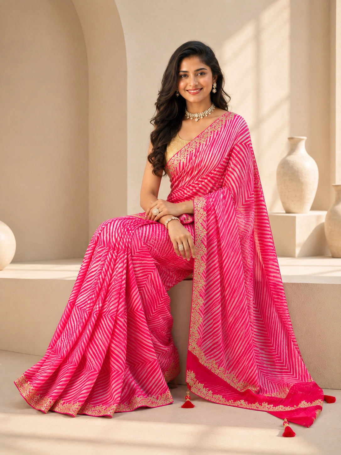 Pink Silk Saree with Embroidered Border